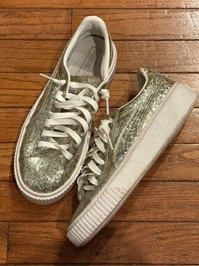 Puma Basket Platform Silver Glitter Shoes Women's 8
